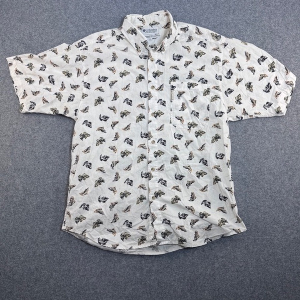 Columbia Sportswear Mens L‎ Fish Print Short Sleeve Button Up Casual Shirt